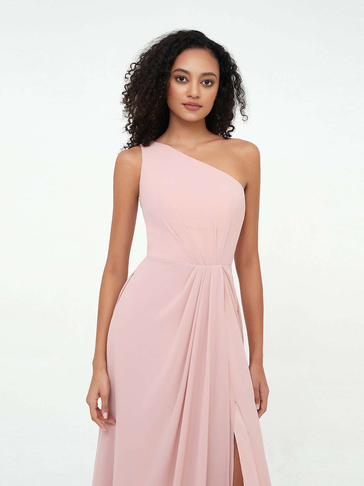 One-Shoulder Chiffon Max Dresses with Slit-Dusty Rose