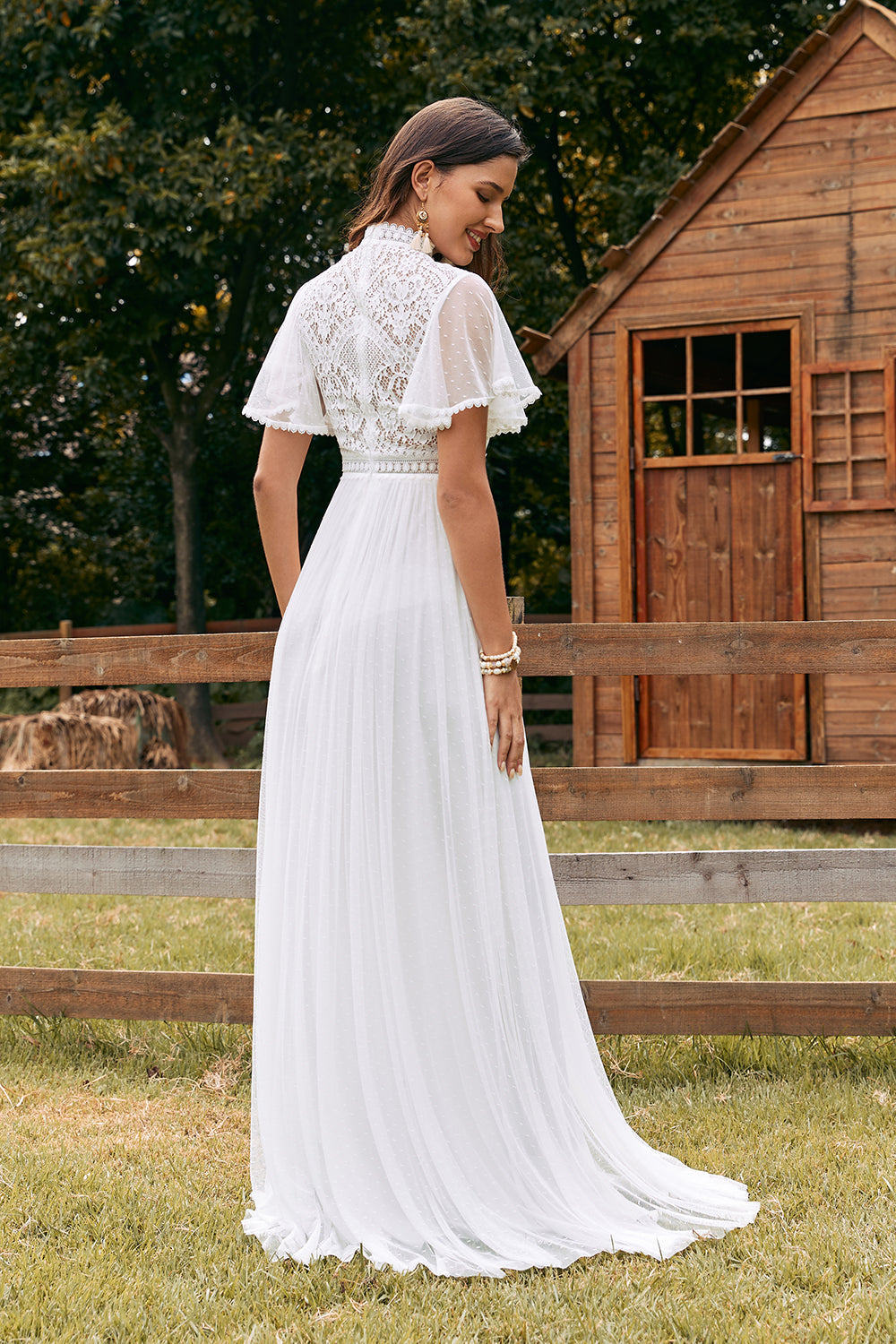 Vintage Ivory Chiffon Boho Wedding Dress with Lace