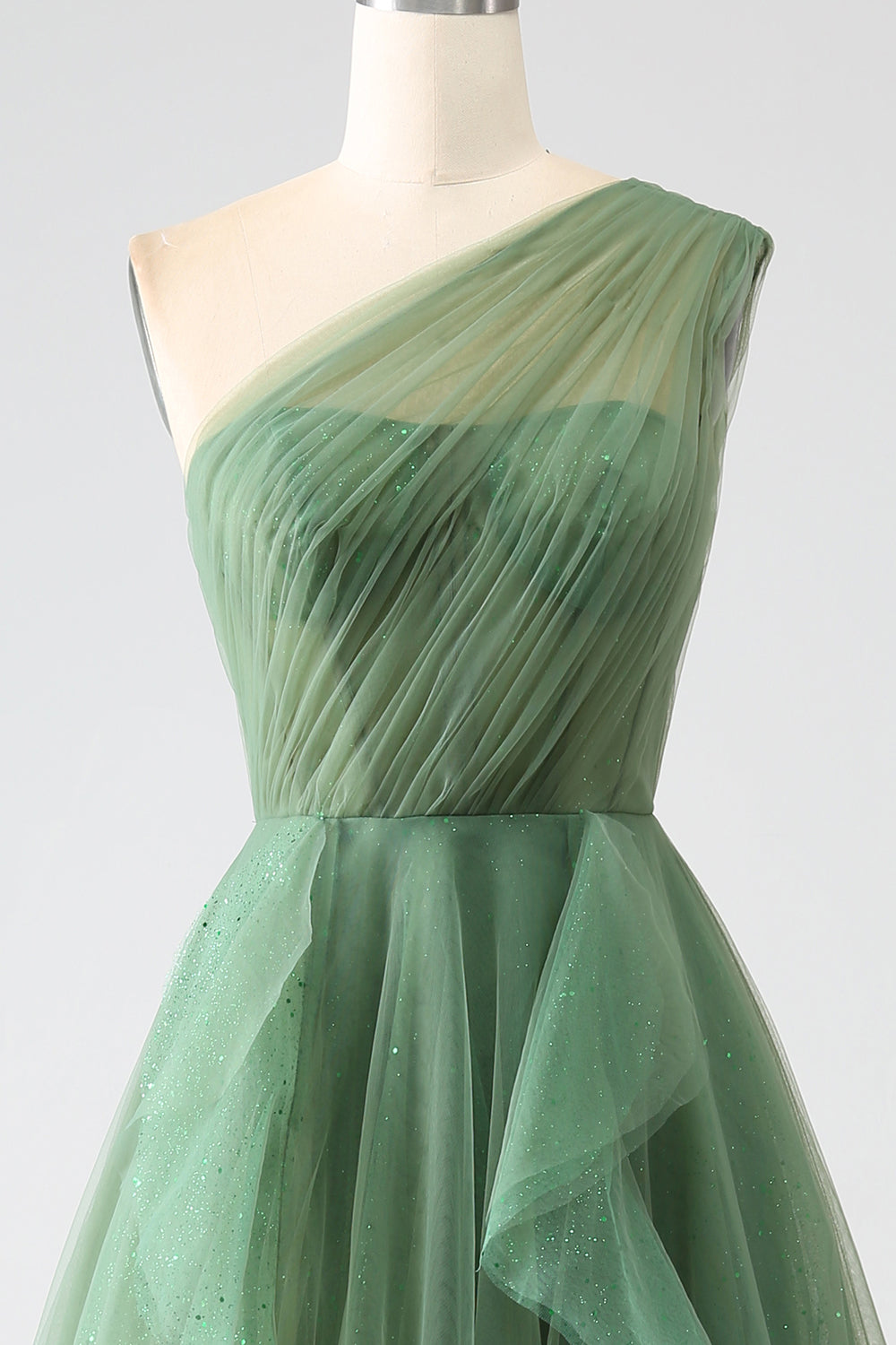 Dark Green Tulle A-Line One-Shoulder Long Prom Dresses