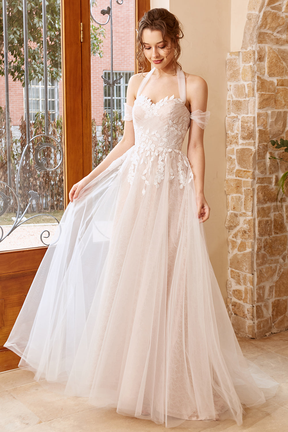 Elegant A Line Halter White Long Wedding Dress with Appliques