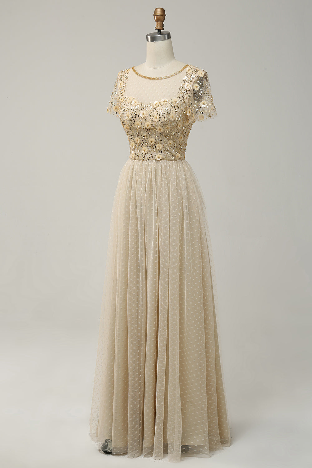 Apricot Tulle A Line Sequins Formal Prom Dress with Appliques
