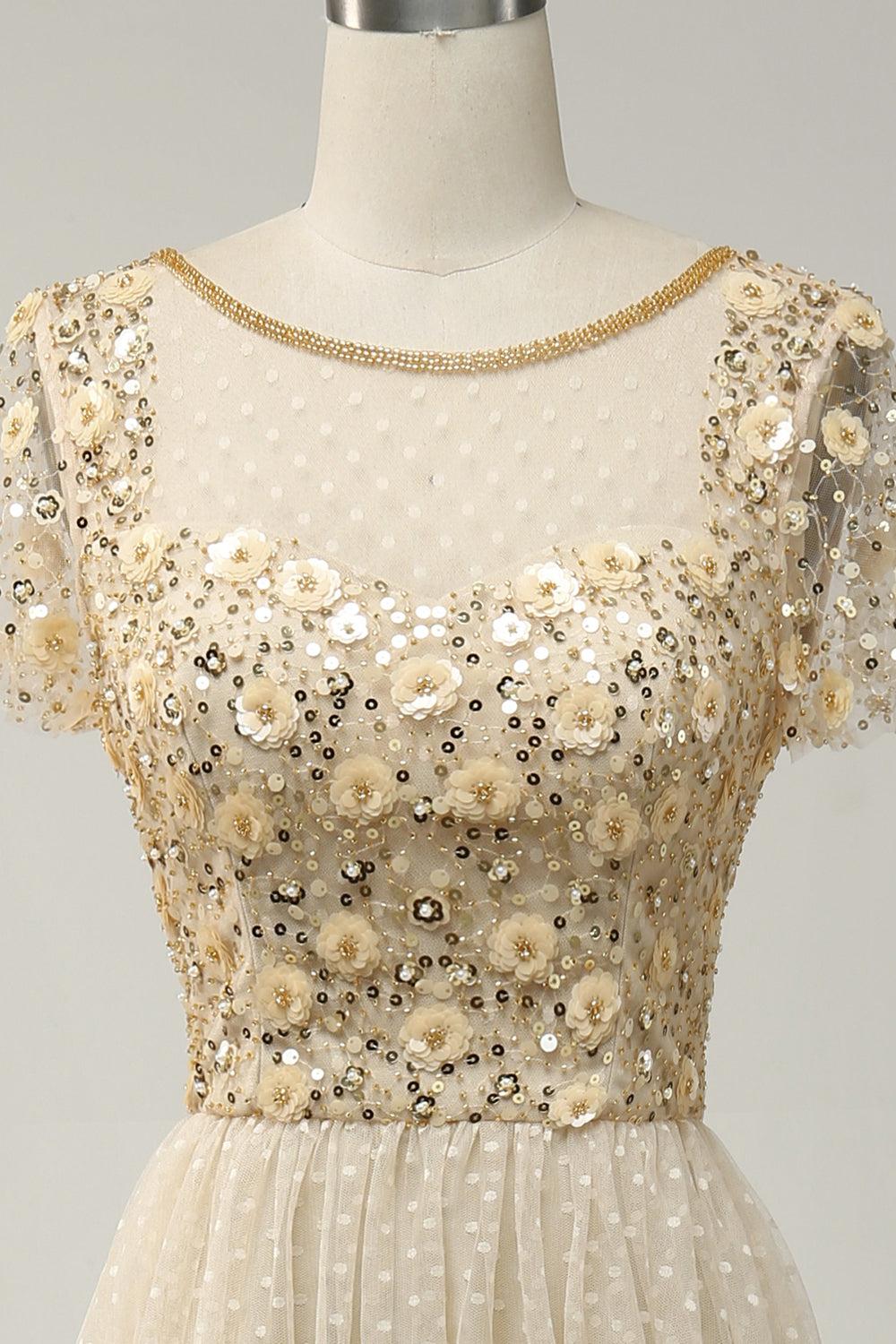 Apricot Tulle A Line Sequins Formal Prom Dress with Appliques