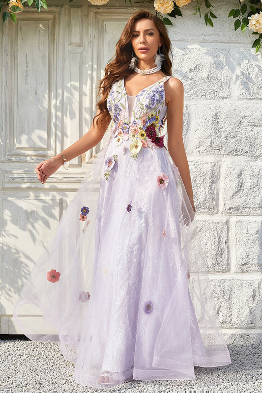A Line Deep V Neck Lavender Long Prom Dress with Open Back