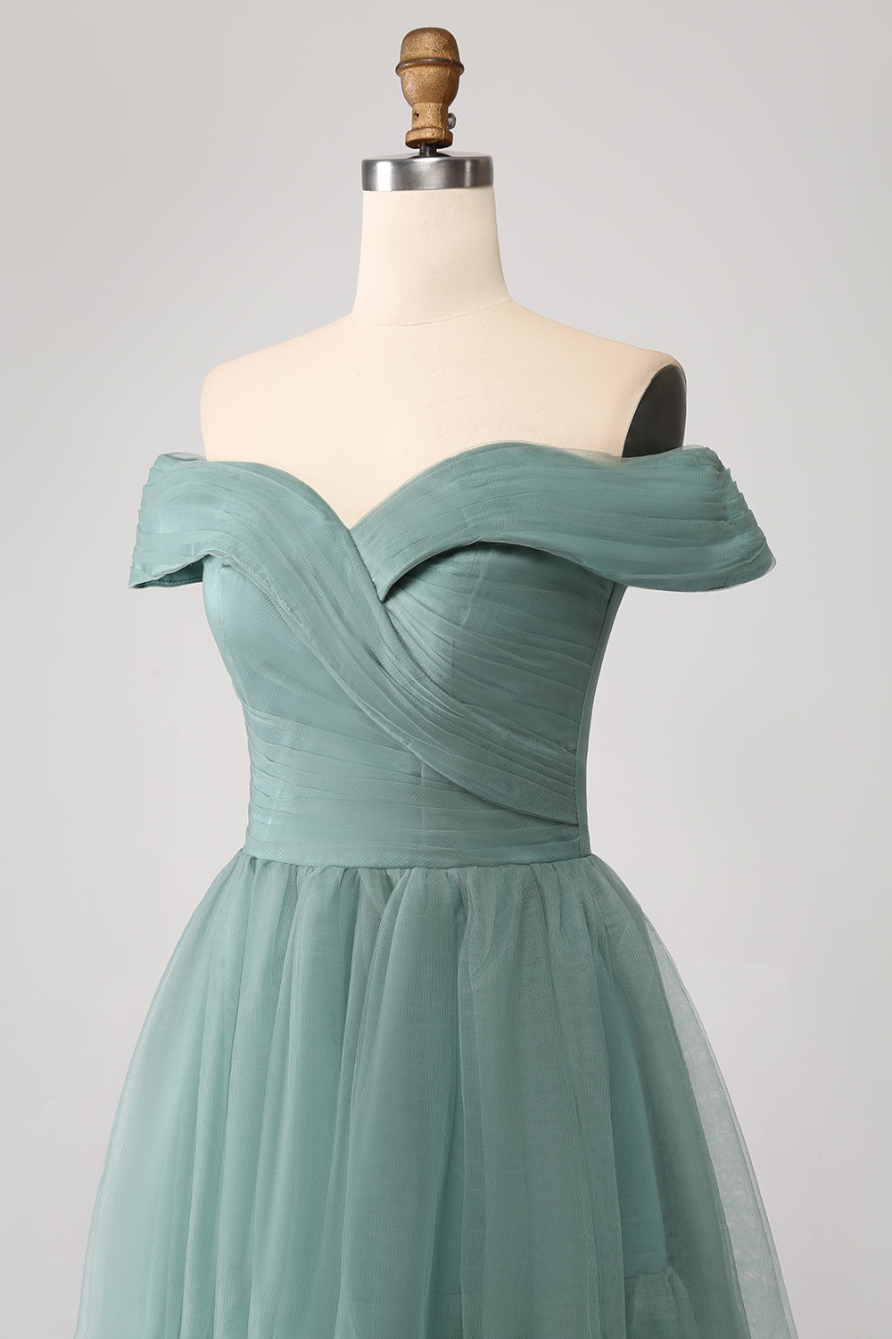 Grey Green A Line Off the Shoulder Tiered Tulle Prom Dress