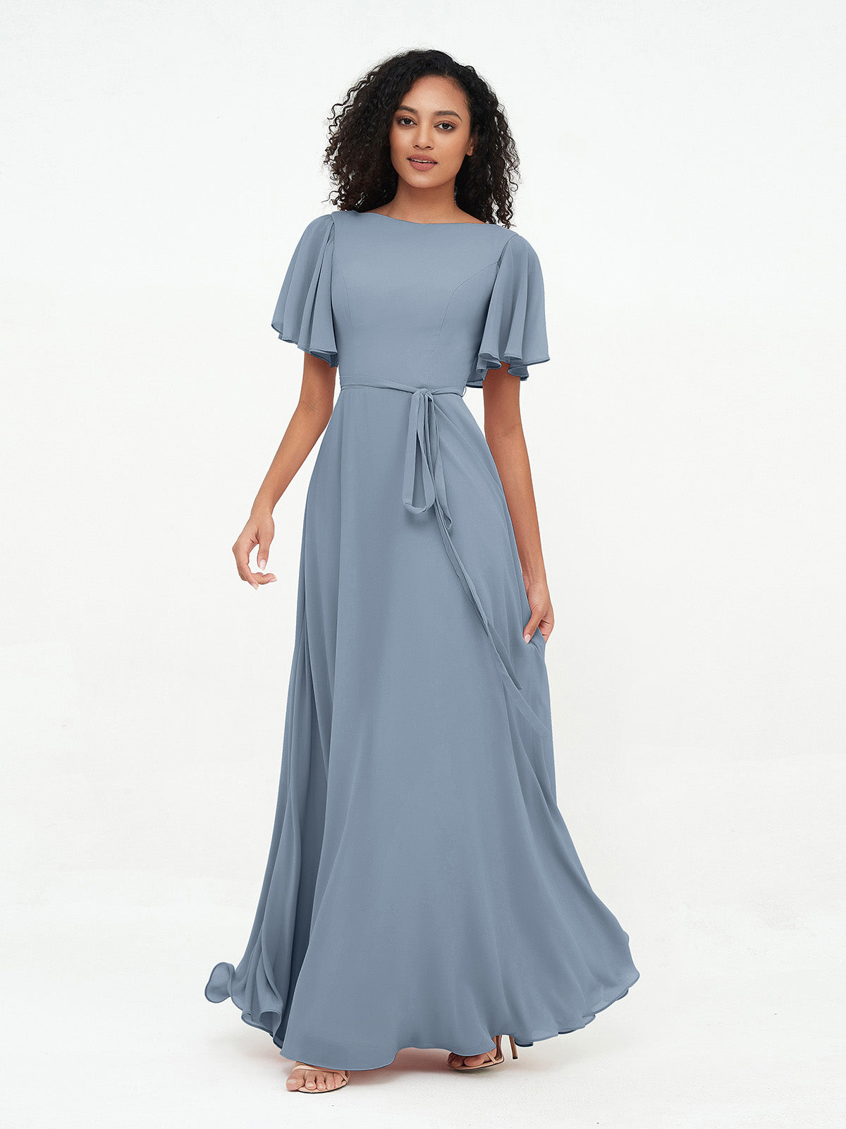 Flutter Sleeves Chiffon Max Dresses with Sash Bow-Dusty Blue