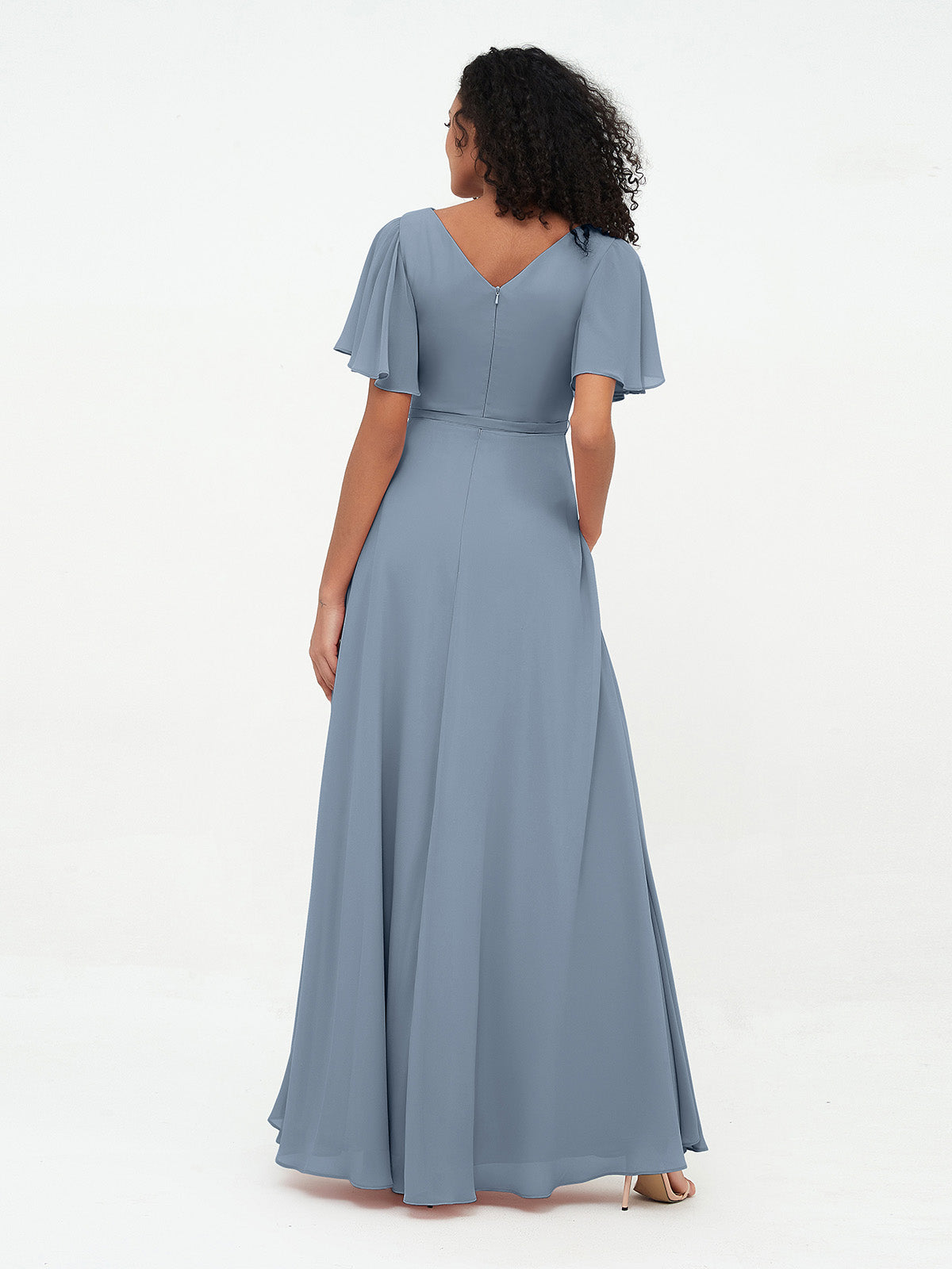 Flutter Sleeves Chiffon Max Dresses with Sash Bow-Dusty Blue