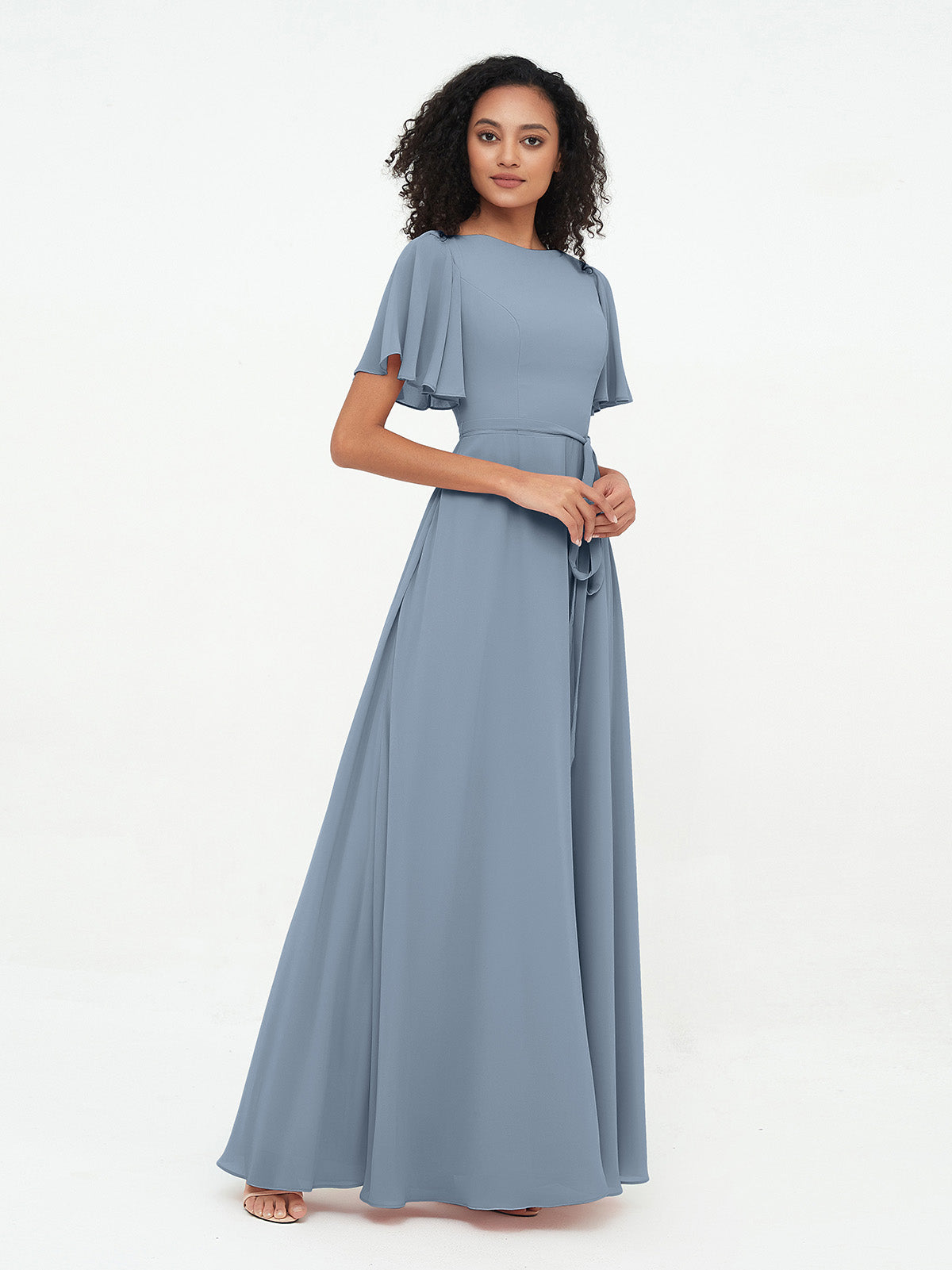 Flutter Sleeves Chiffon Max Dresses with Sash Bow-Dusty Blue