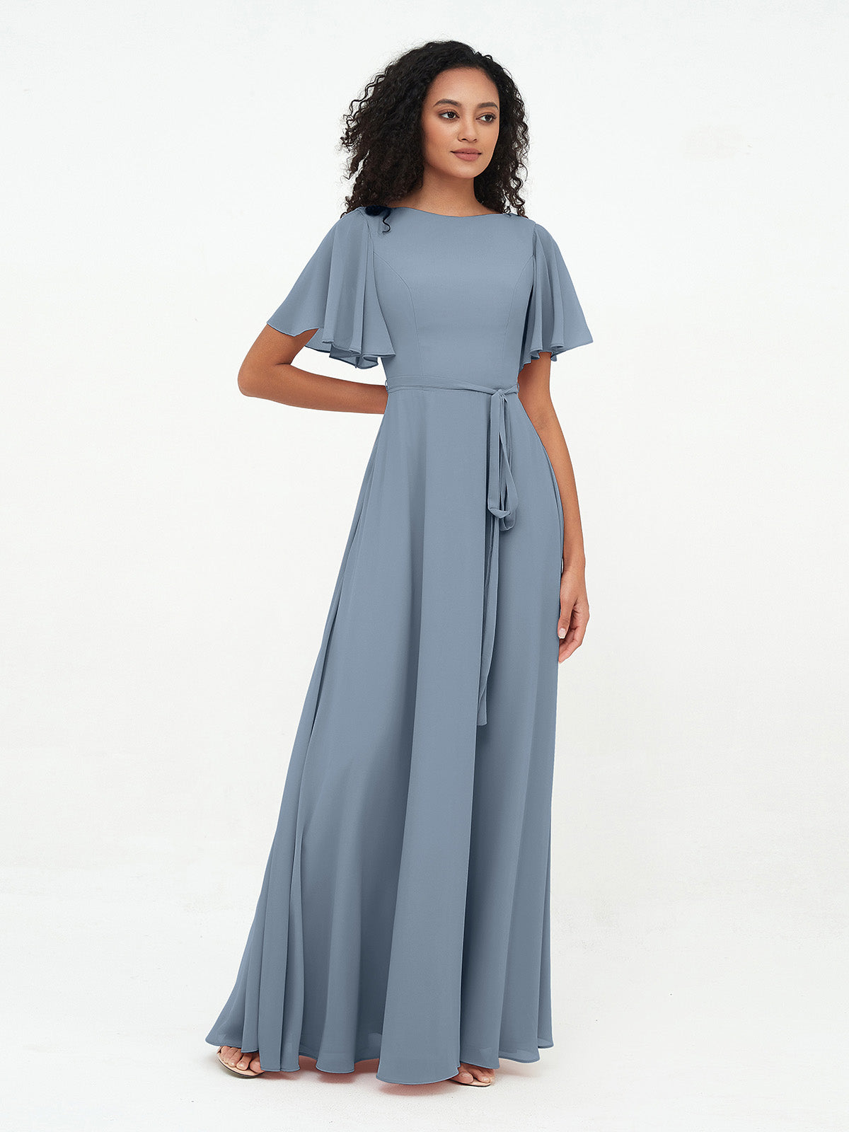 Flutter Sleeves Chiffon Max Dresses with Sash Bow-Dusty Blue