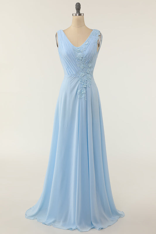 V-neck Blue Bridesmaid Dress with Ruffle