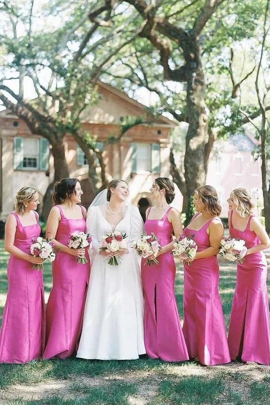 Sheath Square Neck Fuchsia Satin Bridesmaid Dresses with Bow