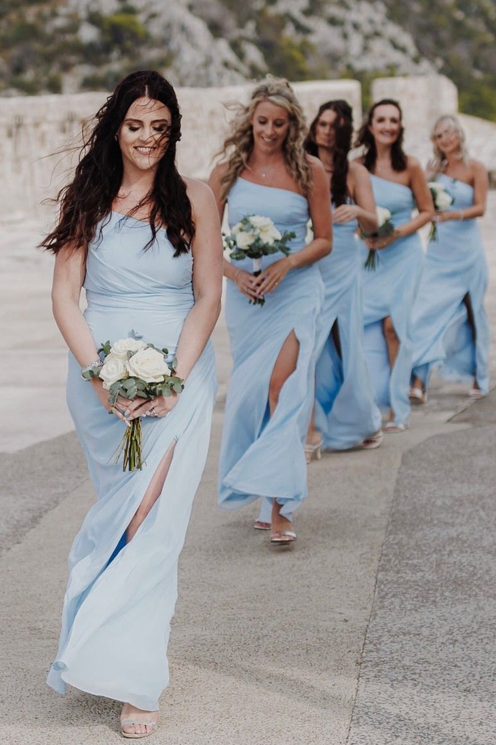 Sheath One Shoulder Light Blue Chiffon Slit Bridesmaid Dress