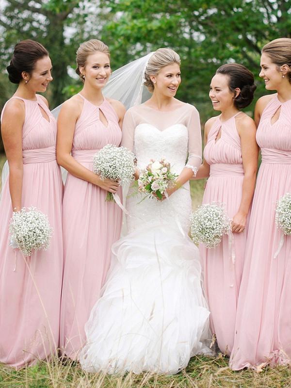 A-line Halter Sweep Train Chiffon Simple Bridesmaid Dresses
