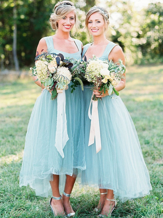 A-line Square High-Low Tulle Beaded Simple Bridesmaid Dresses
