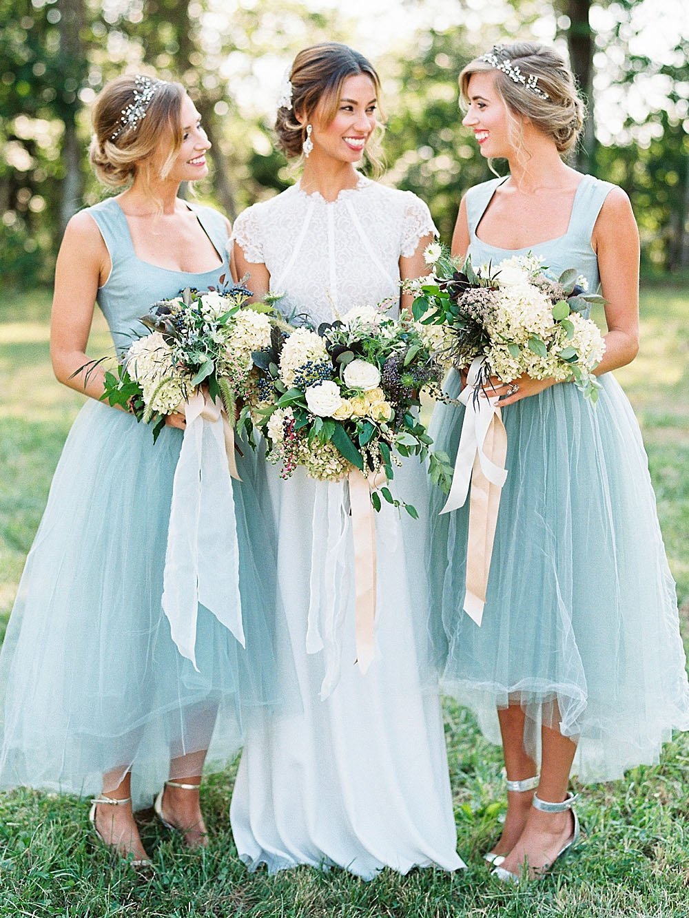 A-line Square High-Low Tulle Beaded Simple Bridesmaid Dresses