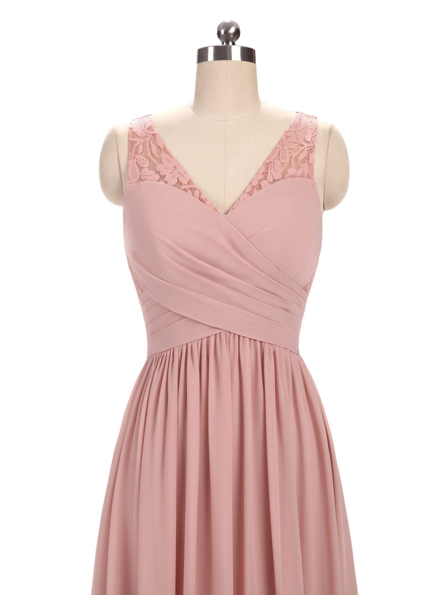 A-line V-Neck Floor-Length Chiffon Lace Pink Bridesmaid Dresses
