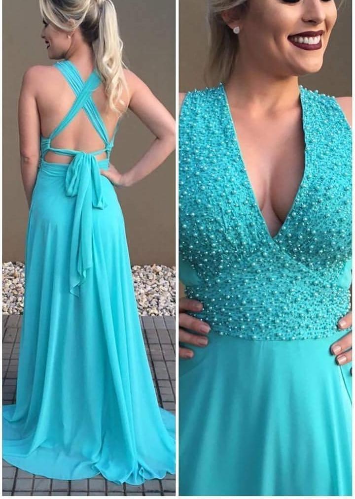 A-line Deep-V Sweep Train Chiffon Beaded Elegant Prom Dresses