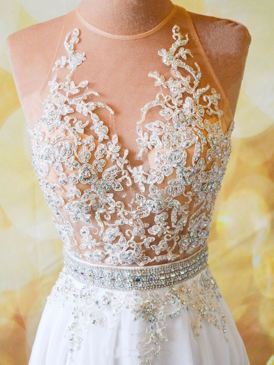 A-line Sweetheart Sweep Train Chiffon Beaded Appliqued Prom Dresses