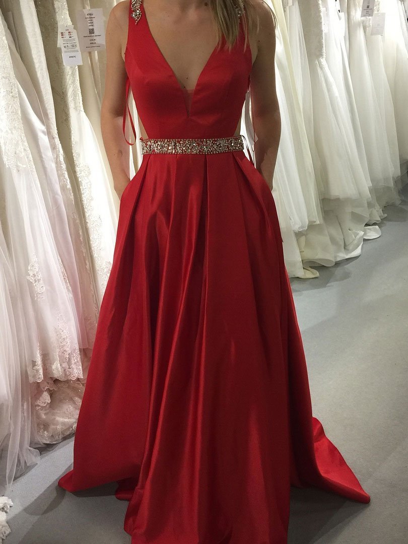 A-line V-Neck Sweep Train Satin Rhine Stone Beaded Prom Dresses