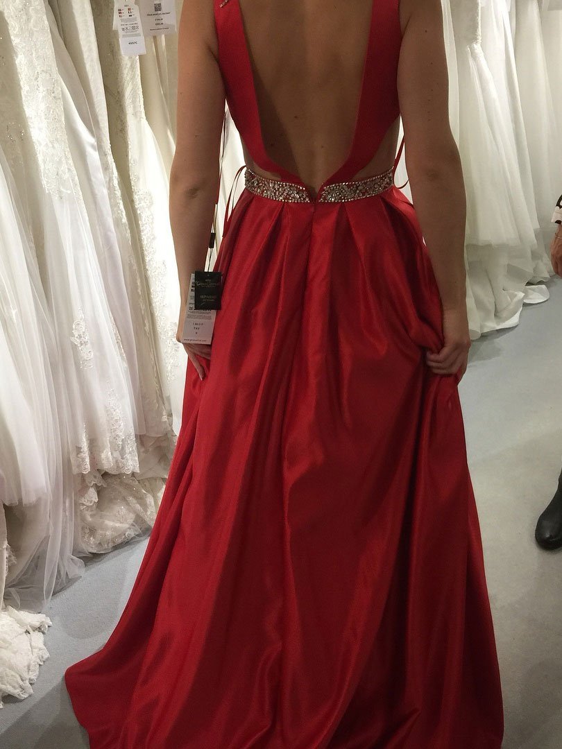 A-line V-Neck Sweep Train Satin Rhine Stone Beaded Prom Dresses