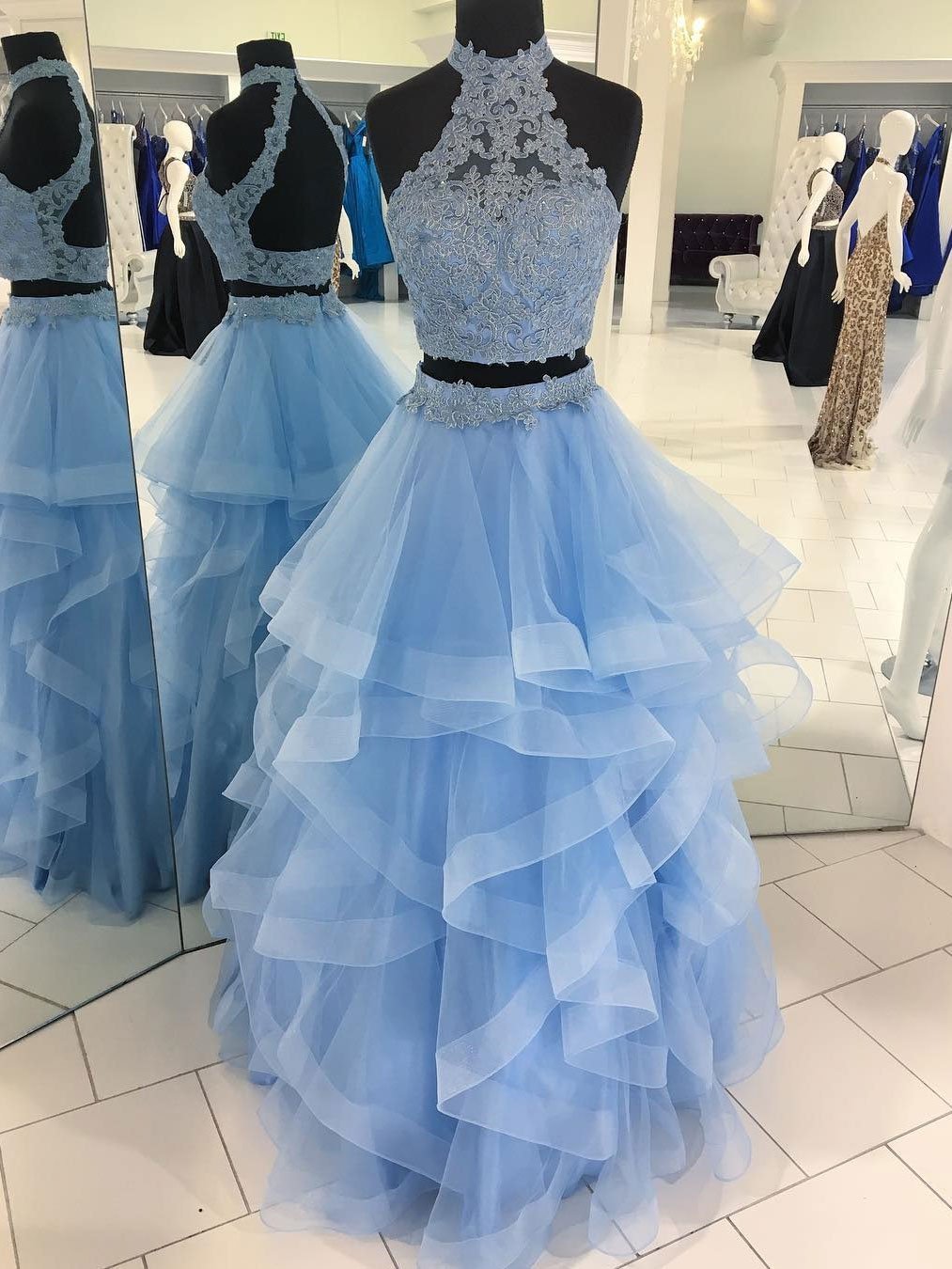 Eye-catching Tulle High-neck Neckline Two-piece A-line Prom Dresses With Beaded Appliques