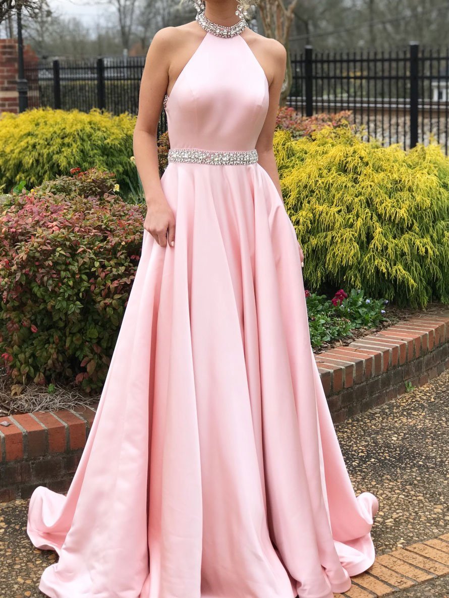 Popular Satin Jewel Neckline Backless Sweep Train A-line Prom Dresses With Rhinestones