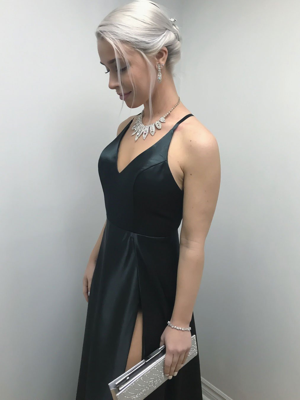 Simple Satin Spaghetti Straps Neckline A-line Prom Dresses With Slit