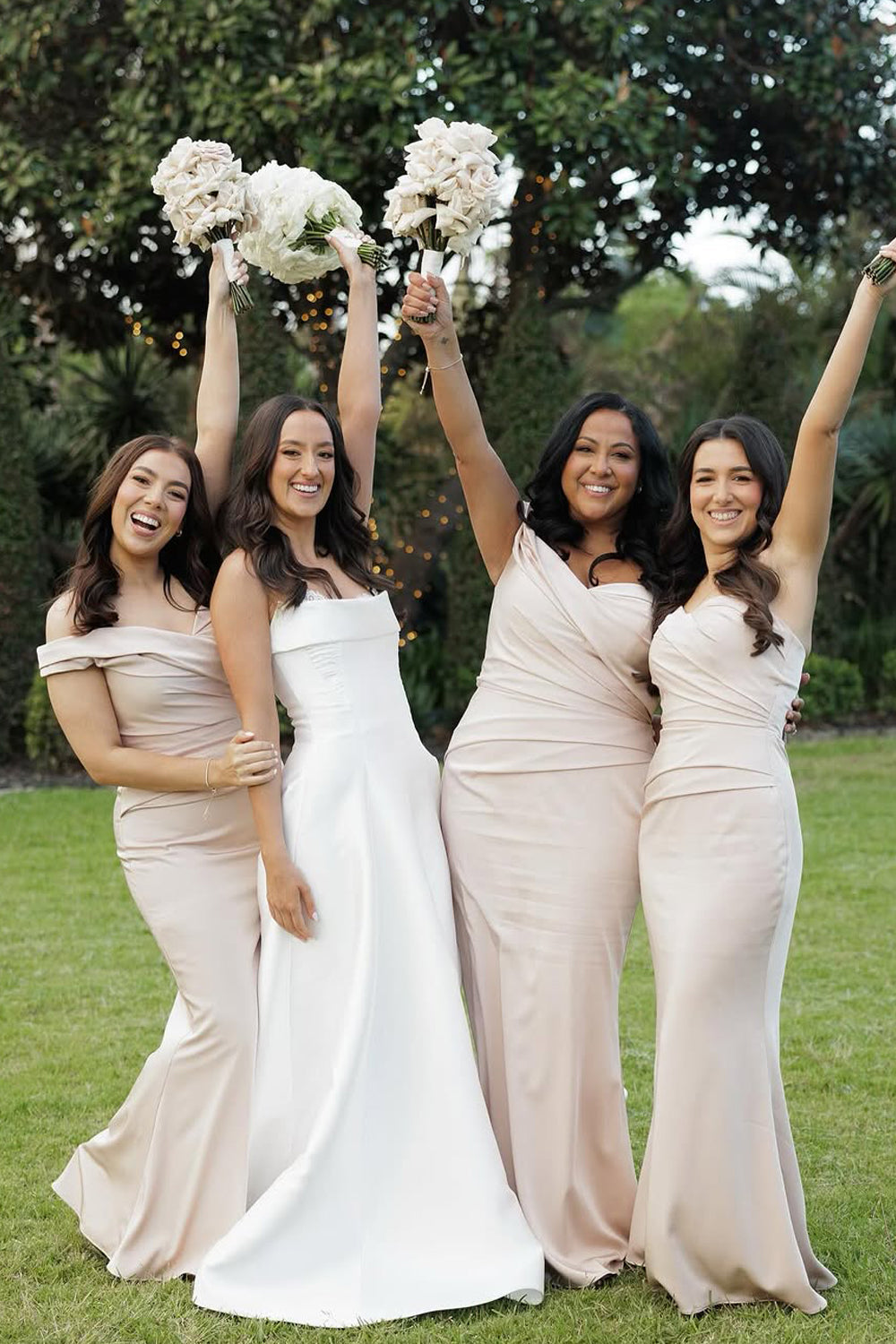 Mermaid Off the Shoulder Champagne Elastic Satin Long Bridesmaid Dresses