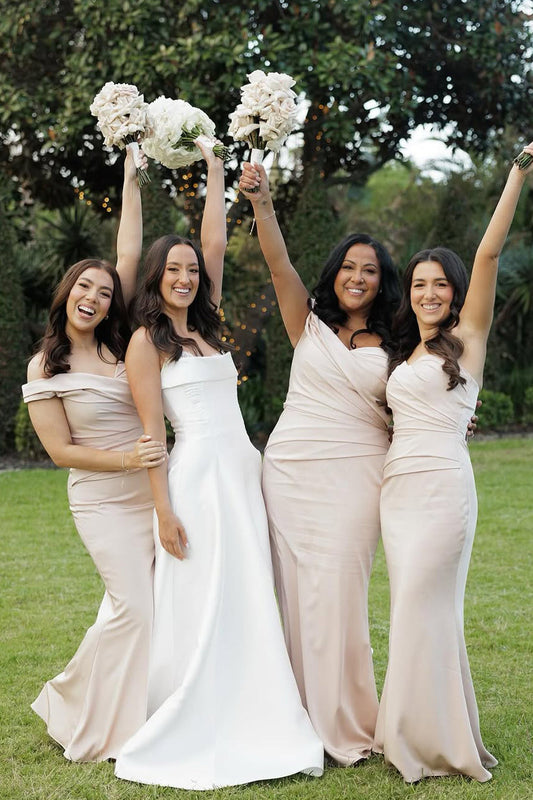 Mermaid Off the Shoulder Champagne Elastic Satin Long Bridesmaid Dresses