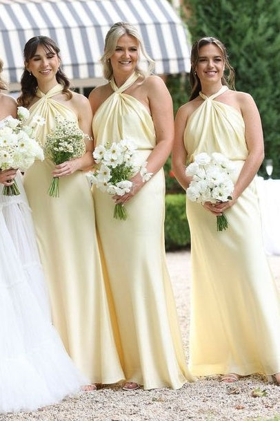 Yellow Halter Sheath Long Bridesmaid Dress with Twist Knot