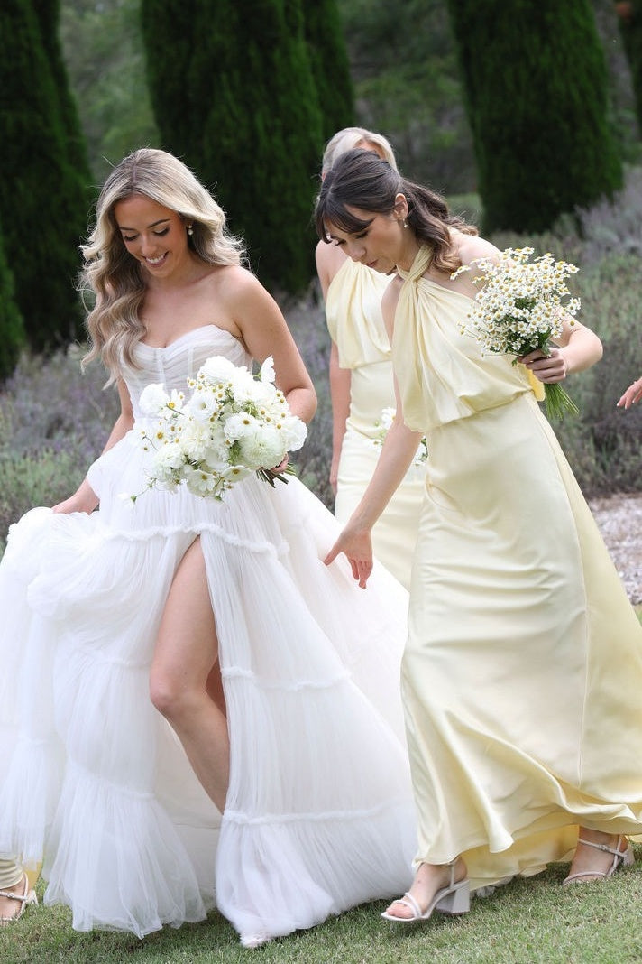 Yellow Halter Sheath Long Bridesmaid Dress with Twist Knot