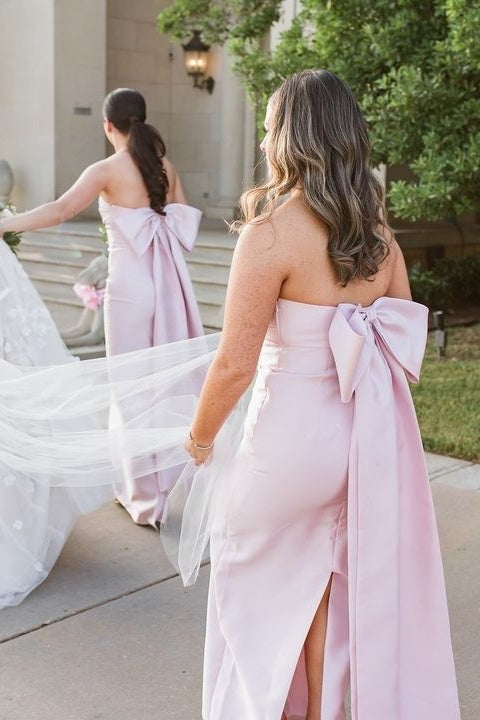 Geneal | Strapless Pink Scoop Pleated Satin Long Bridesmaid Dress With Big Bow