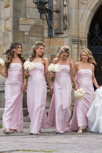 Geneal | Strapless Pink Scoop Pleated Satin Long Bridesmaid Dress With Big Bow