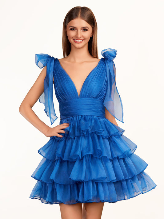 Joleen | Trendy  A-Line Royal Blue Tiered Homecoming Dress with Bow