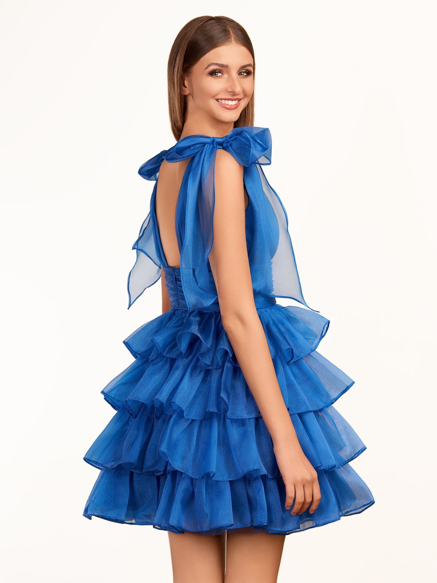 Joleen | Trendy A-Line Royal Blue Tiered Homecoming Dress with Bow