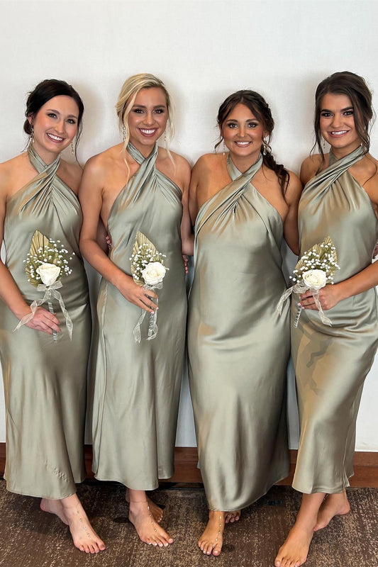 Sage Green Halter Sheath Ankle Length Bridesmaid Dress