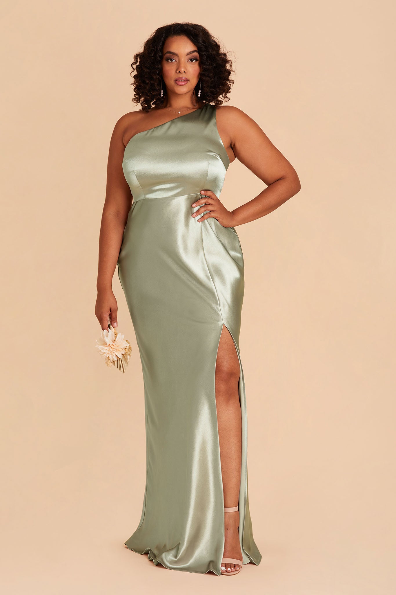 Kira Shiny Satin Dress - Sage