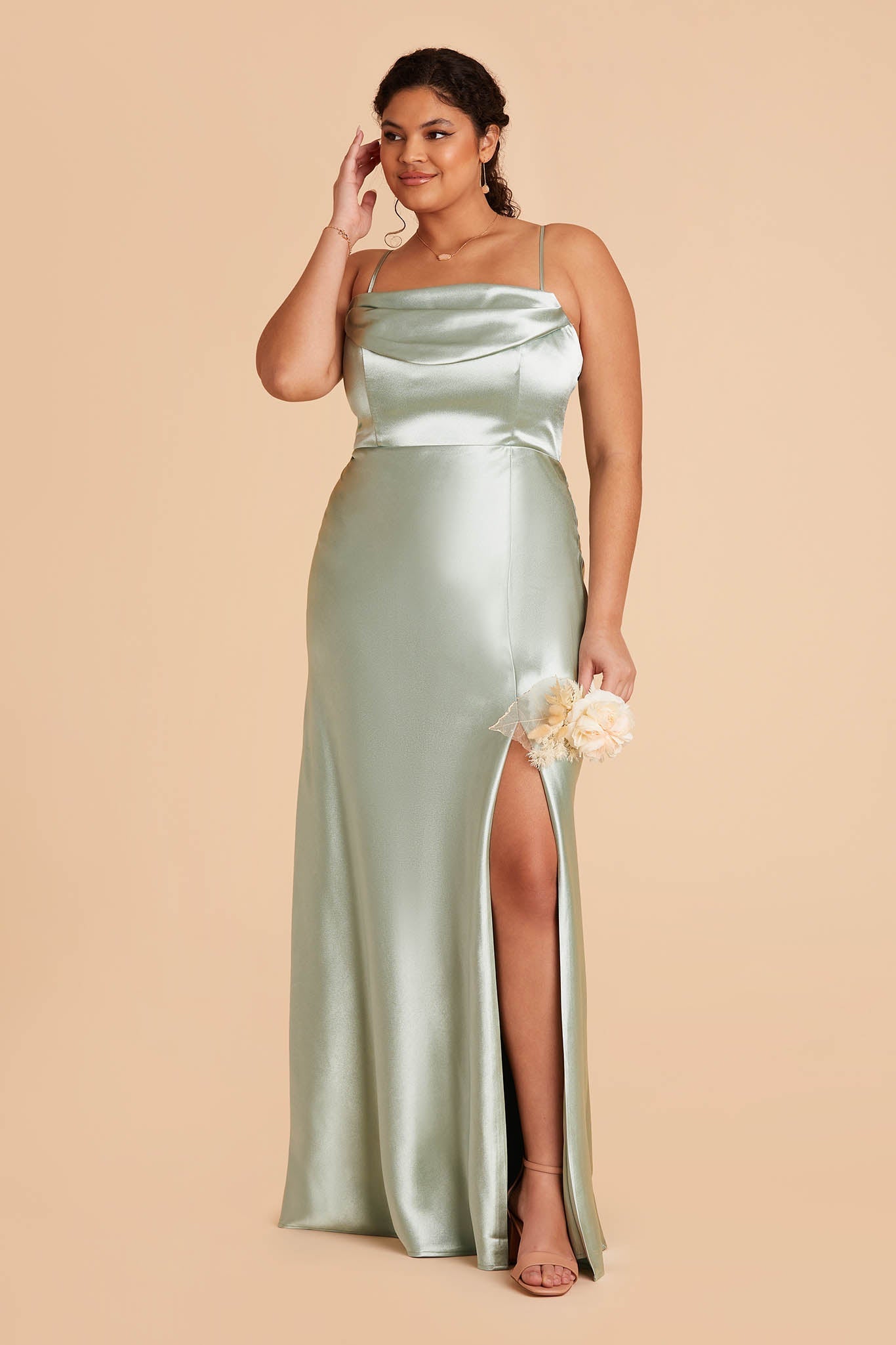 Mia Shiny Satin Convertible Dress - Sage