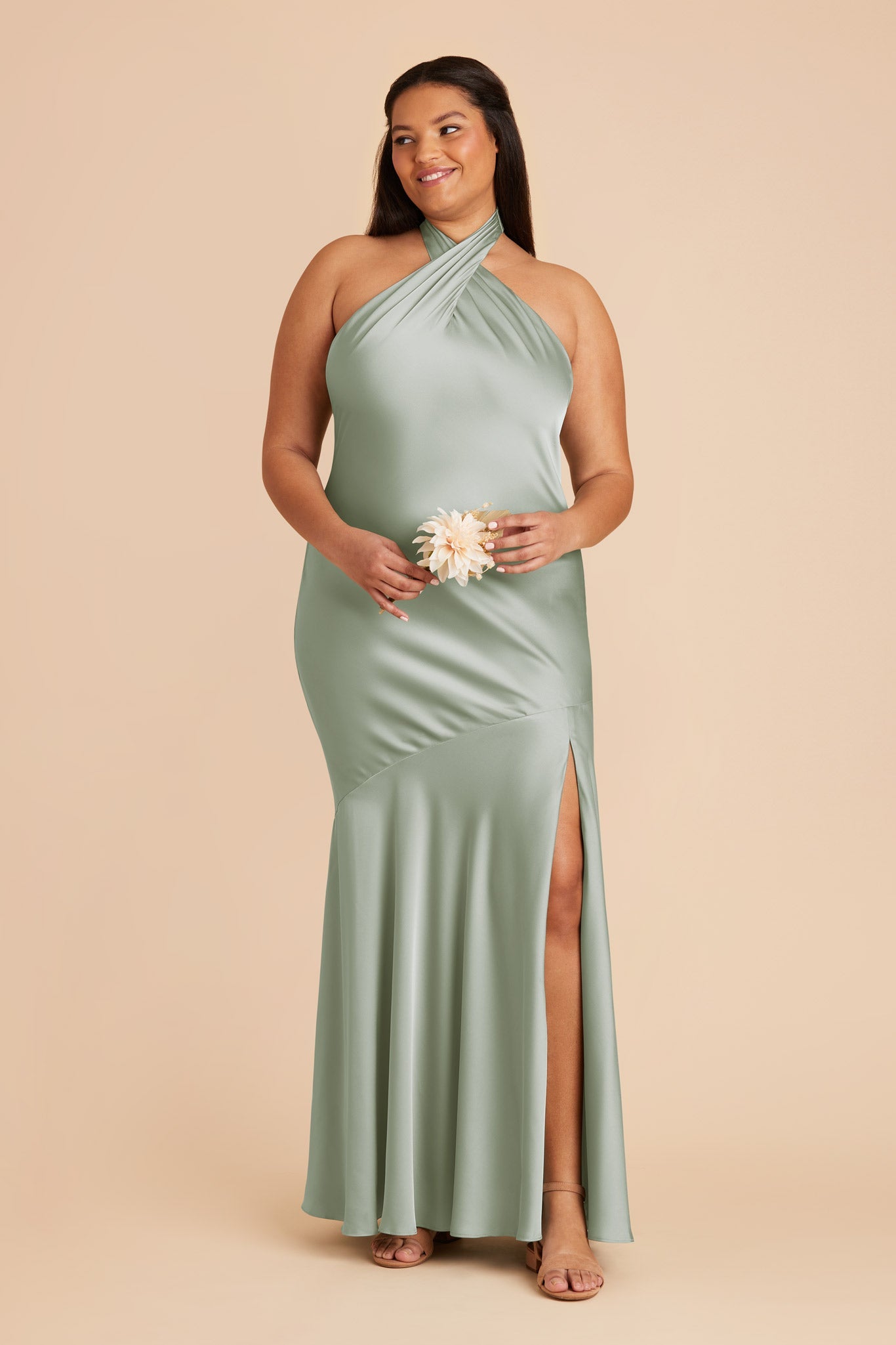 Stephanie Matte Satin Dress - Sage