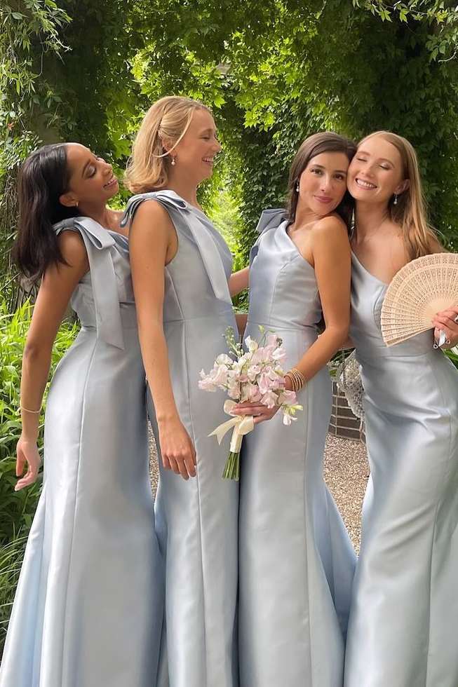 Seneca | Powder Blue One Shoulder Sheath Long Bridesmaid Dress