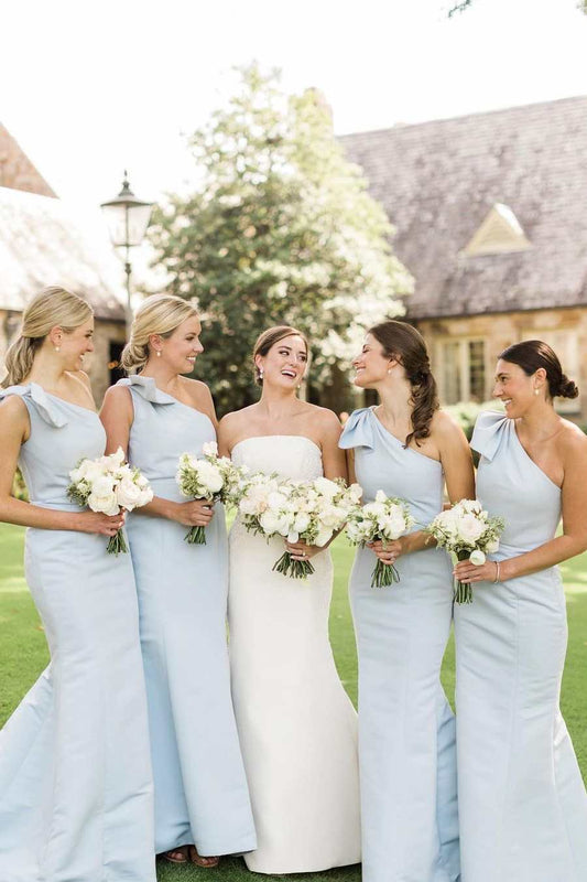 Seneca | Powder Blue One Shoulder Sheath Long Bridesmaid Dress