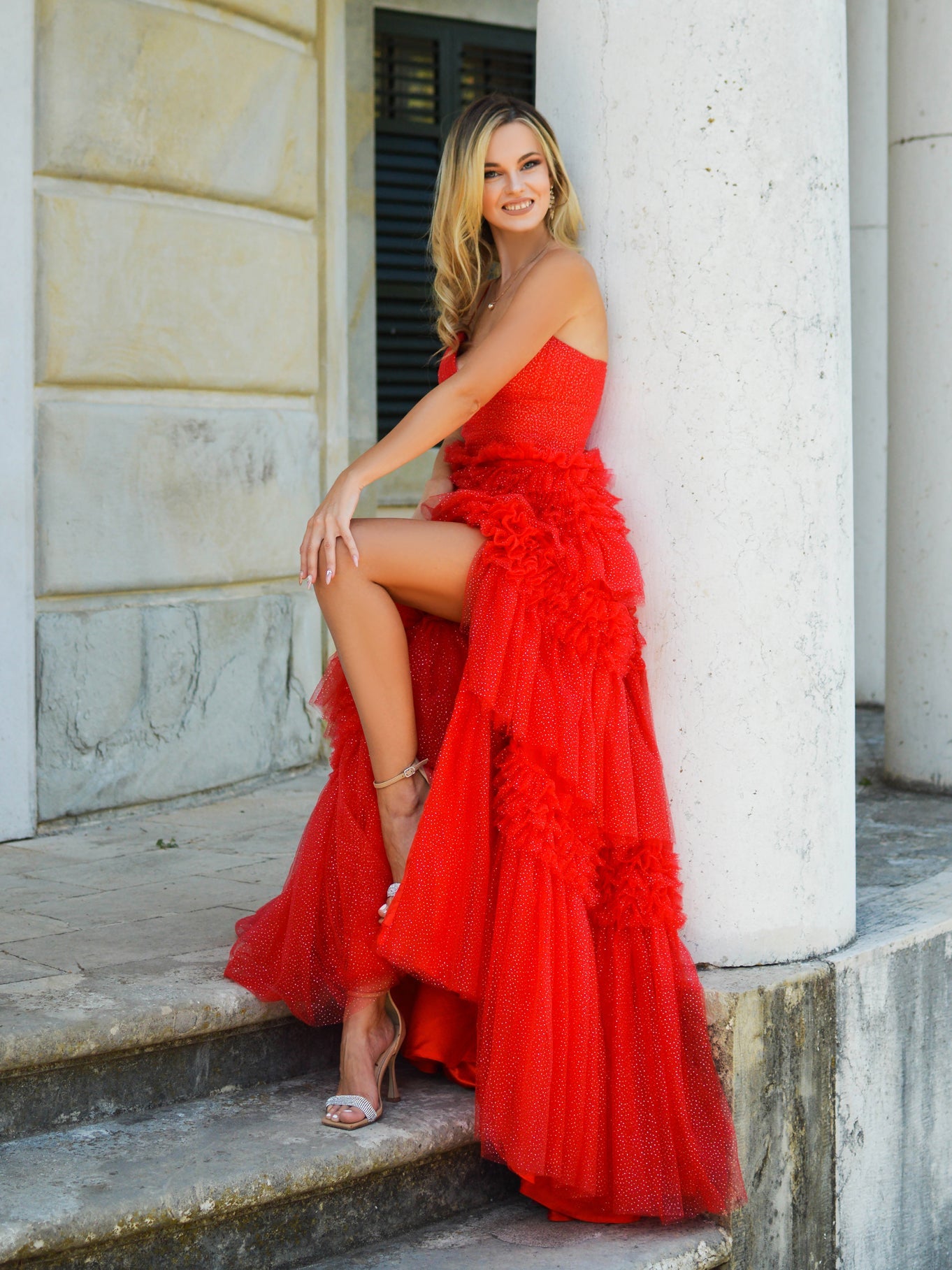 Tulle Deep V Neck Spaghetti Straps Long Prom Dress