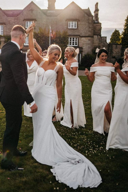 Vanya | White Off-Shoulder Satin Pleats Long Bridesmaid Dress with Slit