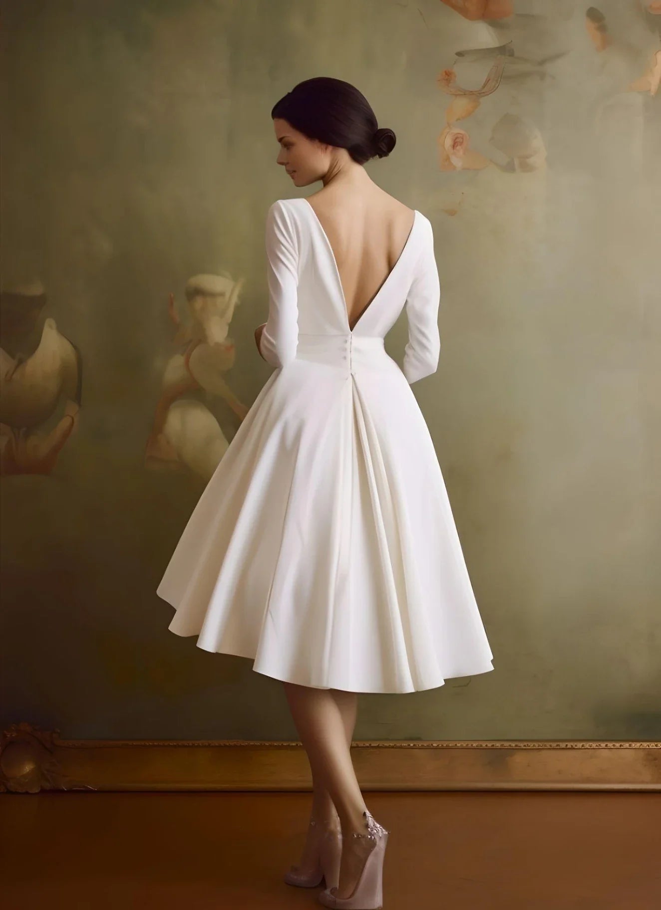 Blanca | Vintage Sleeved A-Line V-neck Satin Tea Length Wedding Dress