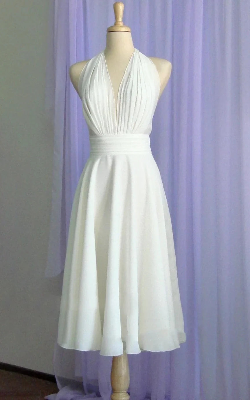 Sebella | Vintage Tea-Length Chiffon Wedding Dress With Halter Neck and Bow