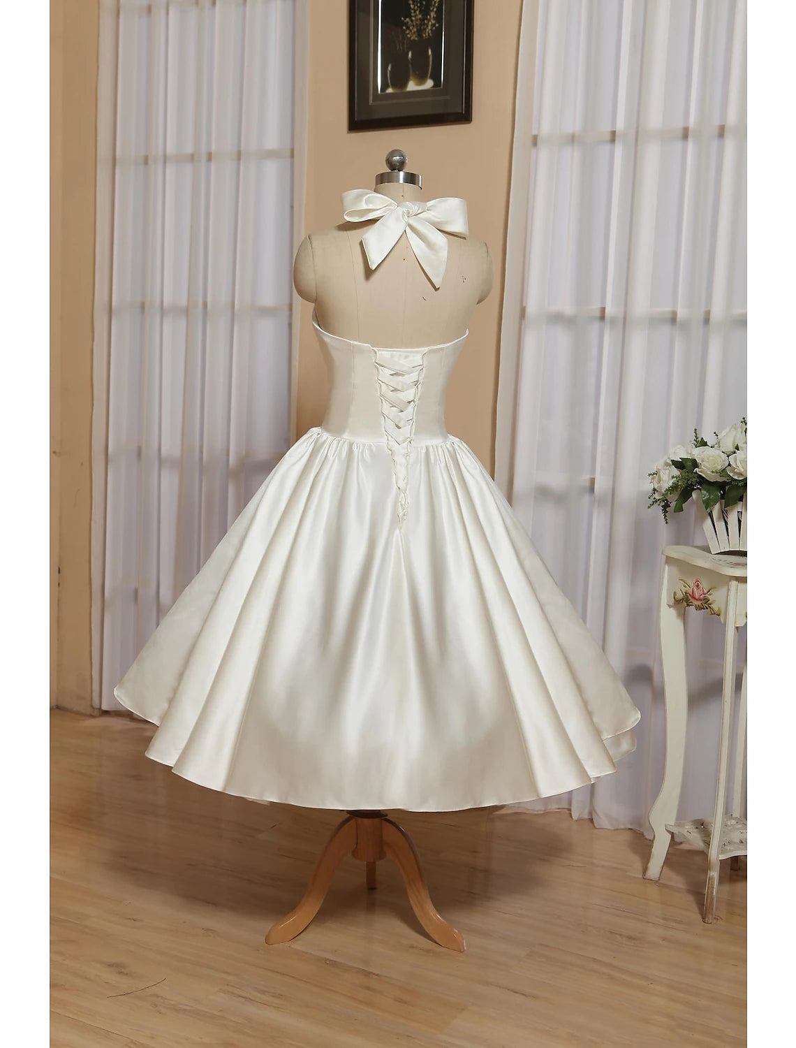 White A-Line Halter Sleeveless Tea Length Satin Bridal Gowns With Bow(s) Pleats