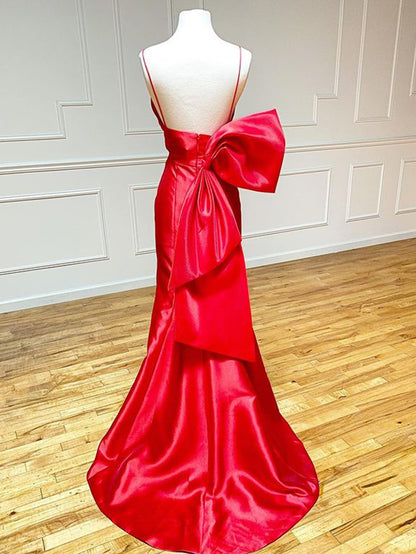 Red Satin Mermaid V Neck Long Prom Dress With Bow Tie