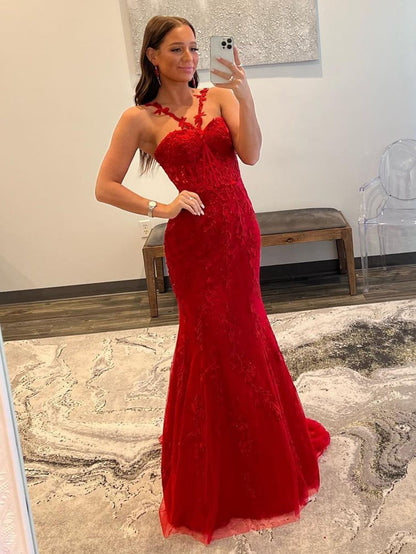 Morgan |Red Mermaid Halter Lace Mermaid Long Prom Dress