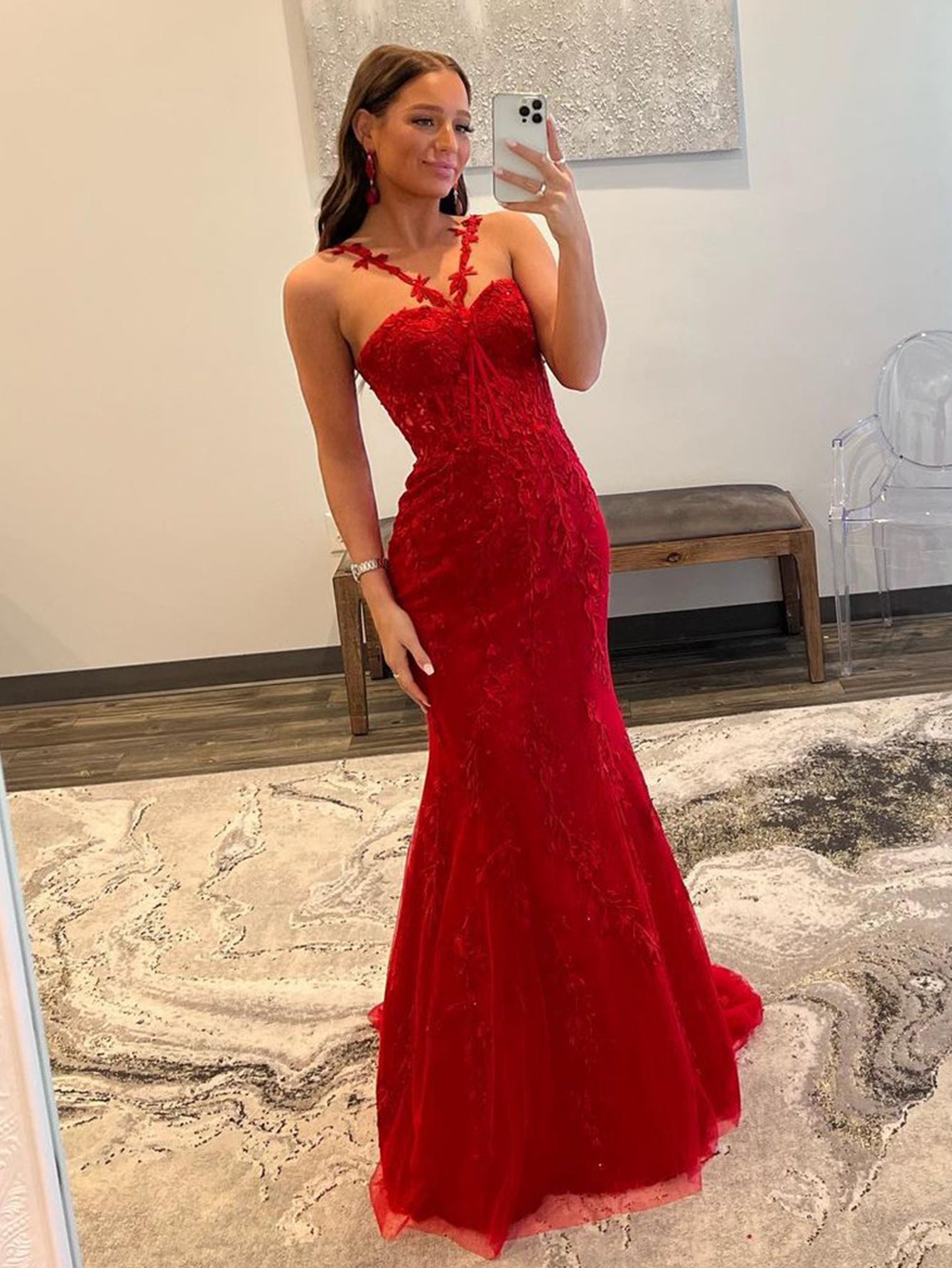 Morgan |Red Mermaid Halter Lace Mermaid Long Prom Dress