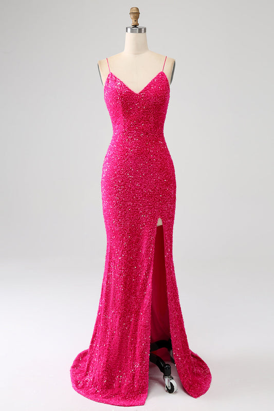 Fuchsia Mermaid Spaghetti Straps V-Neck Sequin Prom Dress With Split