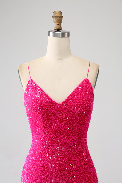 Fuchsia Mermaid Spaghetti Straps V-Neck Sequin Prom Dress With Split